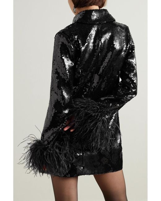 16Arlington Black Michelle Feather-Trimmed Sequined Crepe Mini Dress