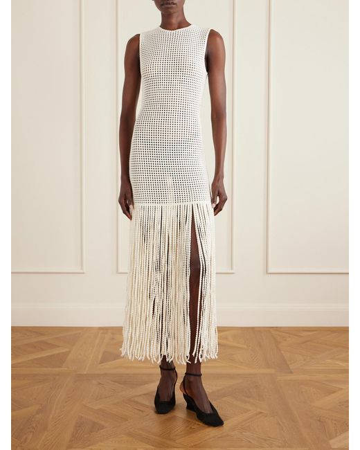 Alaïa White Fringed Open-Knit Midi Dress