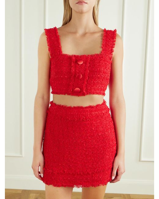 Dolce & Gabbana Red Cropped Frayed Metallic Cotton-Blend Tweed Top