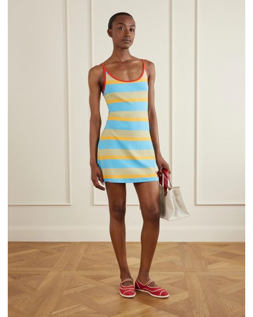 Staud Blue Da Adolfo Vespa Striped Logo-Embroidered Cotton-Blend Dress