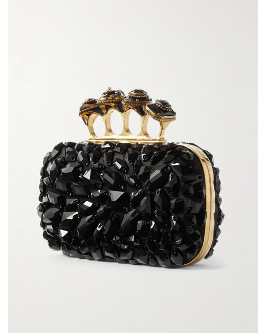 Alexander McQueen Black Skull Ring Knuckle Embellished Satin Clutch