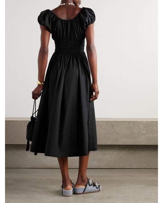 Doen Black Quinn Tie-Detailed Shirred Organic Cotton-Poplin Midi Dress