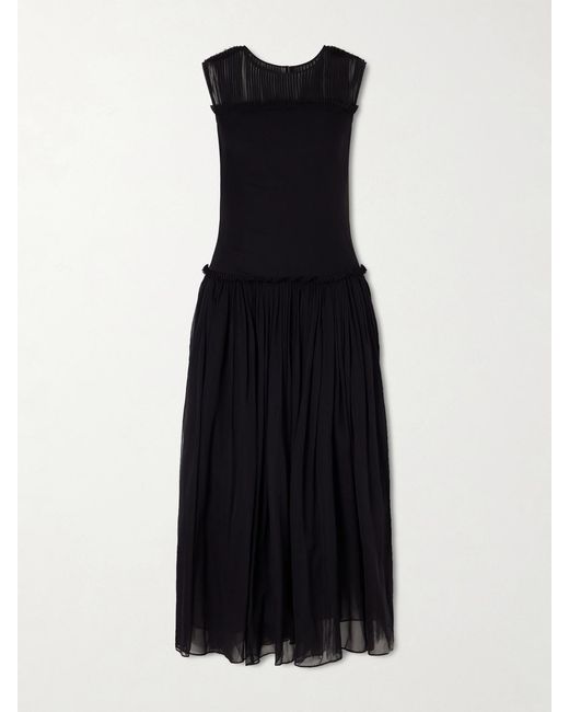 Abadia Black Plissé Chiffon-Trimmed Silk-Satin Midi Dress