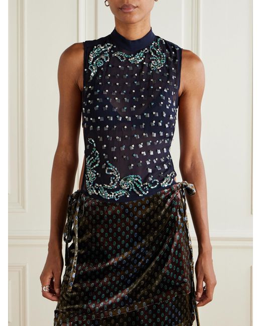 Dries Van Noten Blue Oberteil Aus Stretch-Mesh Mit Verzierungen