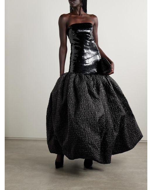 Dima Ayad Black Strapless Sequined Satin-Jersey And Metallic Cloqué Gown