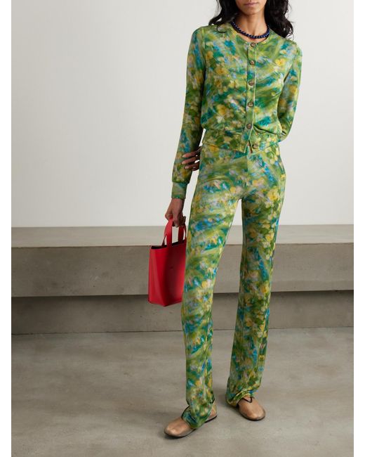 Siedres Green Floral-Print Stretch-Jersey Flared Pants
