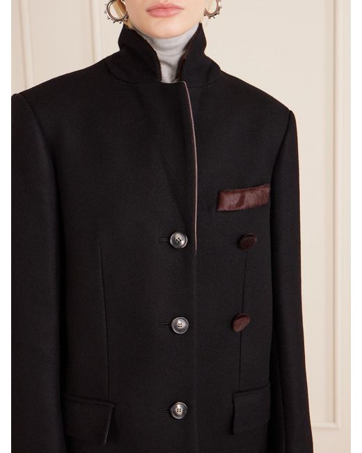 Marni Black Embroidered Calf Hair And Suede-Trimmed Wool Coat