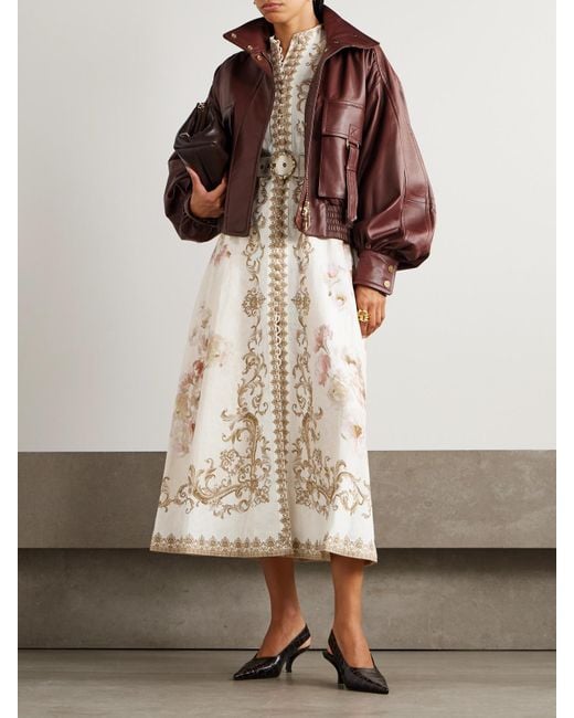 Zimmermann Natural Midikleid Aus Leinen Mit Blumenprint Und Gürtel
