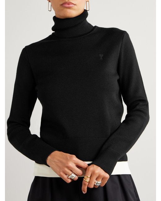 AMI Black Embroidered Wool Turtleneck Sweater