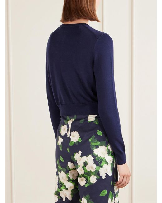 Carolina Herrera Blue Floral-Embellished Silk And Cotton-Blend Cardigan