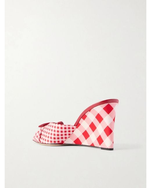 Jimmy Choo Red Livi 85 Leather-Trimmed Checked Wedge Mules