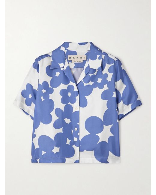Marni Blue Floral-Print Silk-Twill Shirt