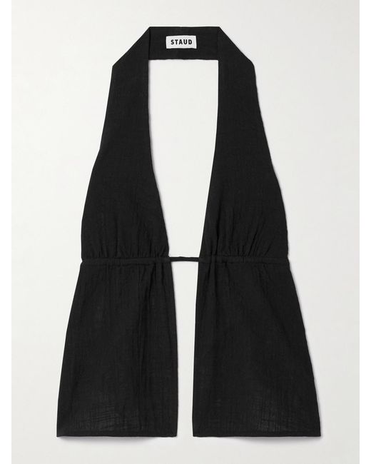 Staud Black Flores Cotton-Gauze Halterneck Top