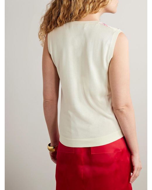 Oscar de la Renta Gray Paneled Knitted And Floral-Print Silk-Blend Twill Tank