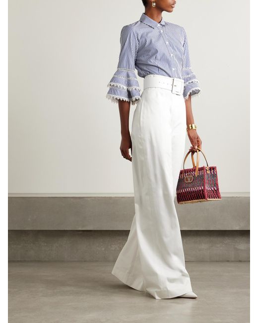 Carolina Herrera Blue Hemd Aus Gestreifter Baumwollpopeline Mit Besätzen Aus Guipure-Spitze Und Volants