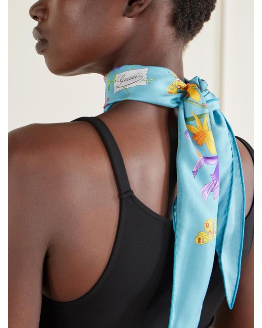Gucci Blue Flora Floral-Print Silk-Twill Scarf