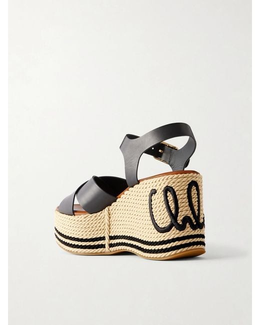 Chloé Natural Logo-Embroidered Leather Platform Sandals