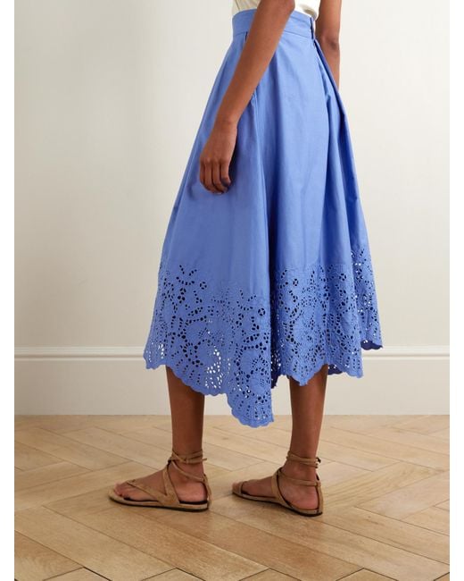 Thierry Colson Blue Wynona Pleated Broderie Anglaise Cotton-Poplin Midi Skirt