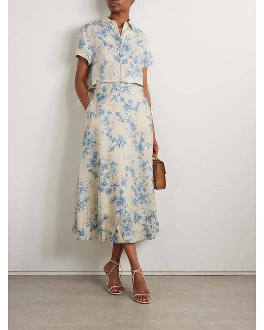 Agua Bendita Blue Bergamota Bougainvillea Embellished Floral-Print Linen Midi Skirt