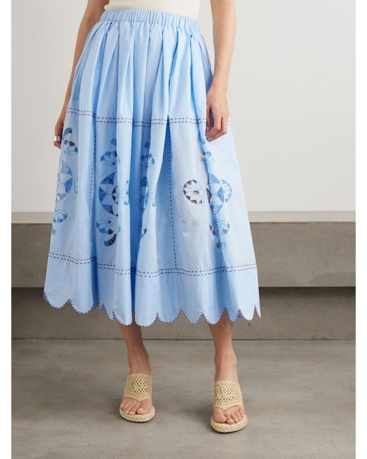 Vita Kin Blue Havana Scalloped Pleated Broderie Anglaise Cotton-Poplin Midi Skirt