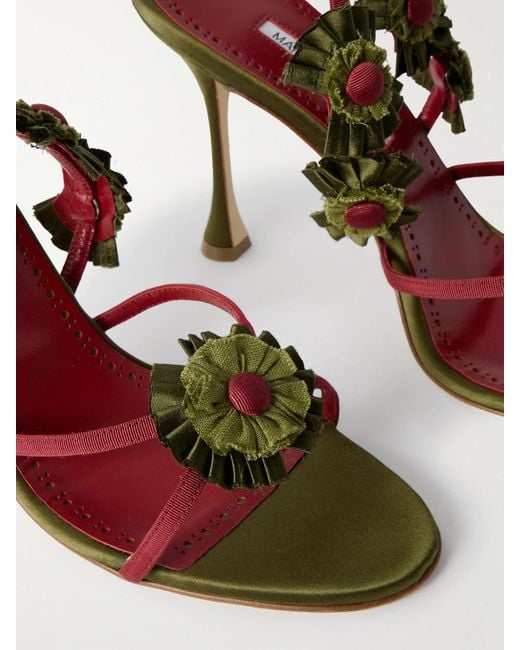Manolo Blahnik Metallic Palissot 105 Leather-Trimmed Appliquéd Grosgrain And Satin Sandals