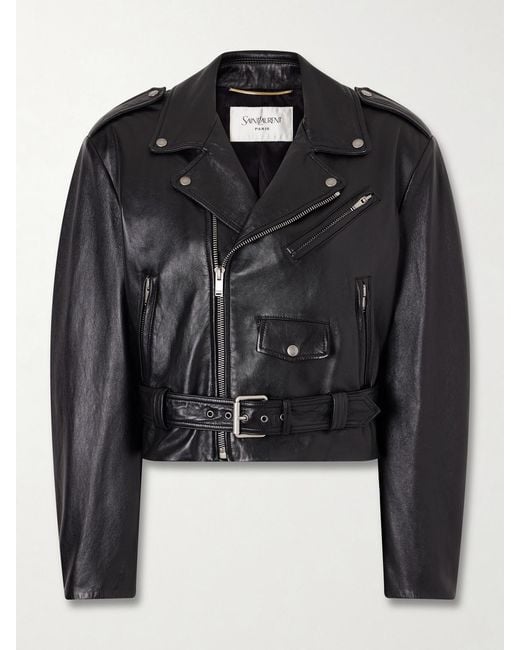 Saint Laurent Black Glossed Textured-Leather Biker Jacket