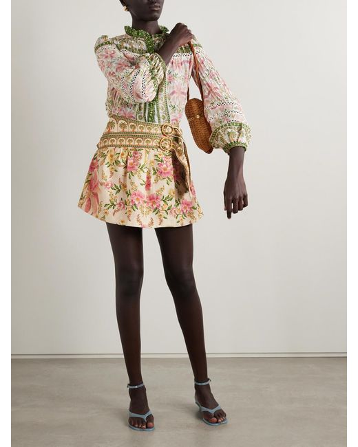Farm Rio Natural Belted Wrap-Effect Pleated Floral-Print Linen Mini Skirt