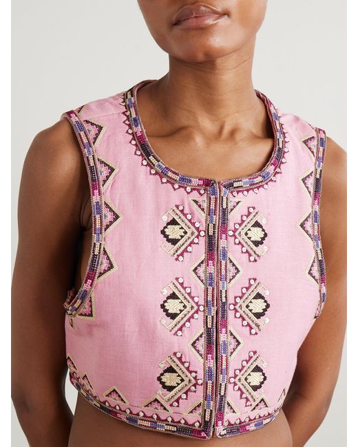 Isabel Marant Pink Zaori Cropped Embellished Embroidered Silk-Gauze Vest
