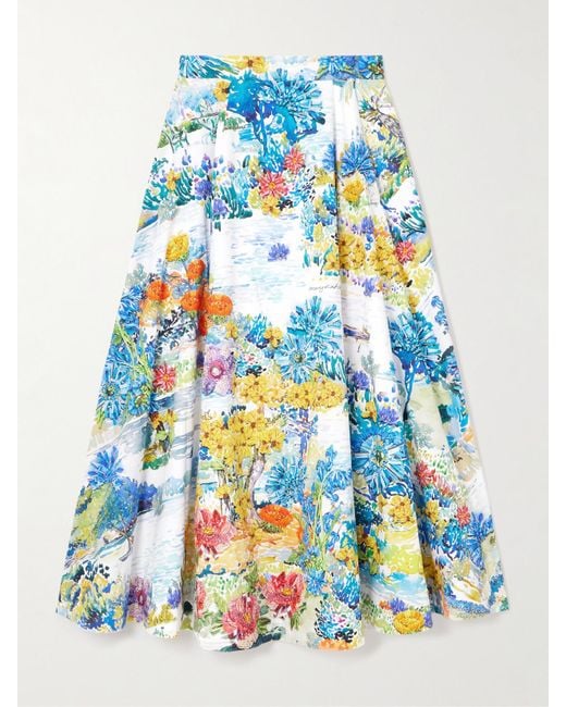 Mary Katrantzou Blue Cadiot Pleated Floral-Print Cotton-Poplin Midi Skirt