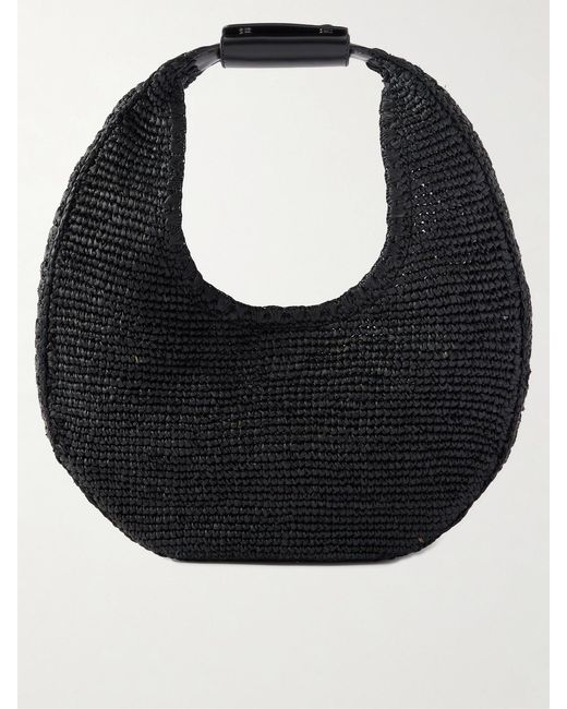 Staud Black Moon Large Leather-Trimmed Raffia Tote