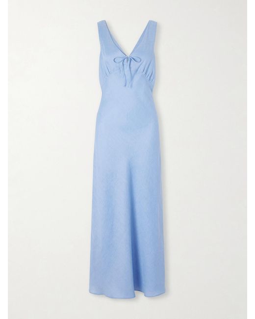 Miguelina Blue Bow-Detailed Linen-Jacquard Maxi Dress