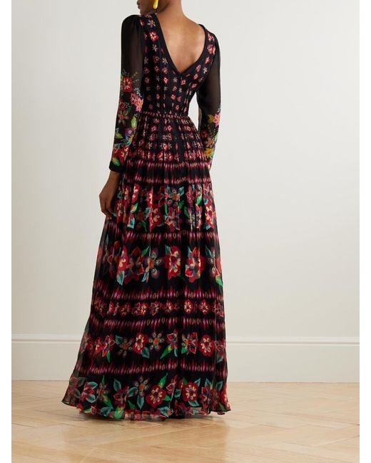 Saloni Red Blythe-B Knotted Floral-Print Crinkled Silk-Blend Chiffon Gown