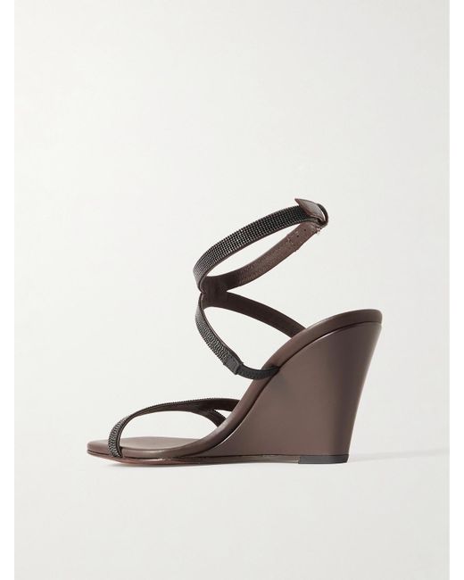 Brunello Cucinelli Metallic Wedges Aus Leder Mit Zierperlen
