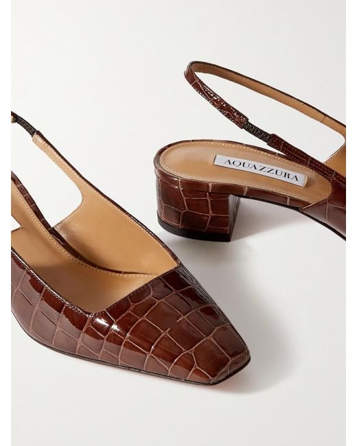 Aquazzura Brown Ginza 35 Croc-Effect Leather Slingback Pumps