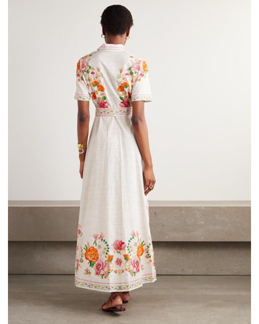 Mary Katrantzou White Como Midi-Hemdblusenkleid Aus Baumwollpopeline Mit Blumenprint Und Bindegürtel