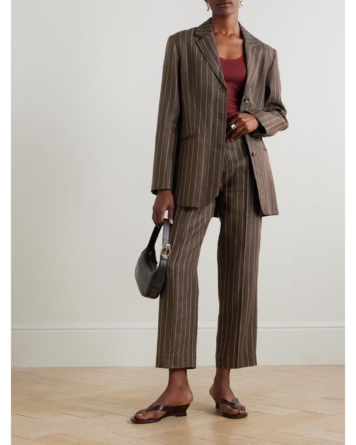 Posse Brown Thea Pleated Pinstriped Linen-Twill Straight-Leg Pants