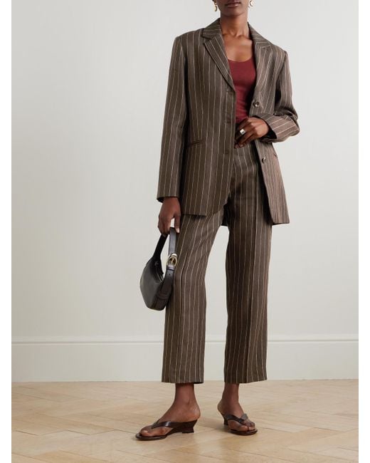 Posse Brown Thea Pleated Pinstriped Linen-Twill Straight-Leg Pants