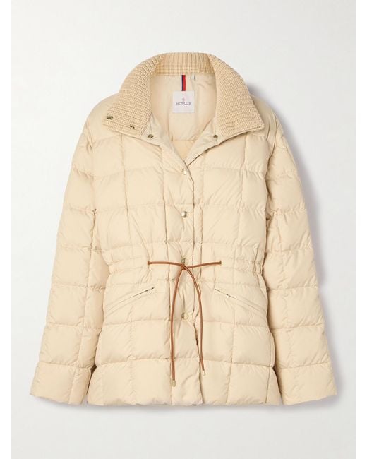 Moncler Natural Antigone Ribbed-Knit And Leather-Trimmed Padded Quilted Shell Down Jacket