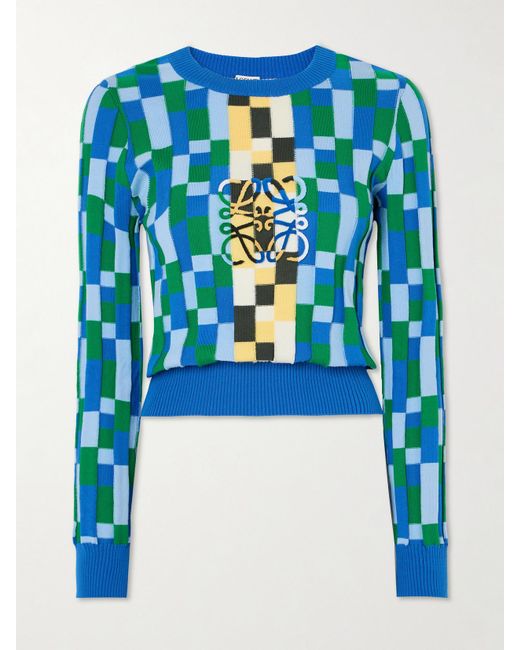 Loewe Blue Anagram Appliquéd Checked Intarsia Cotton Sweater