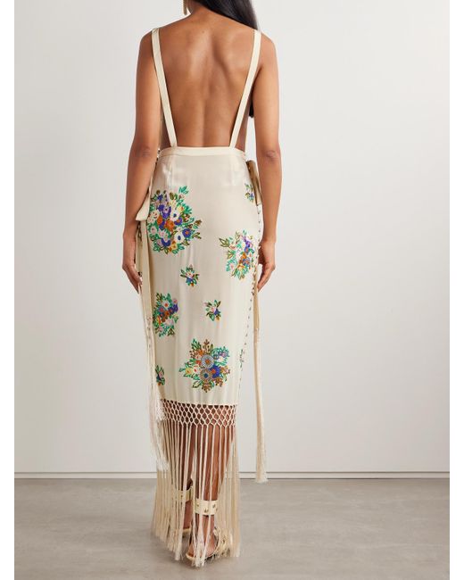 Bode Natural Fringed Embroidered Silk Crepe De Chine Midi Dress