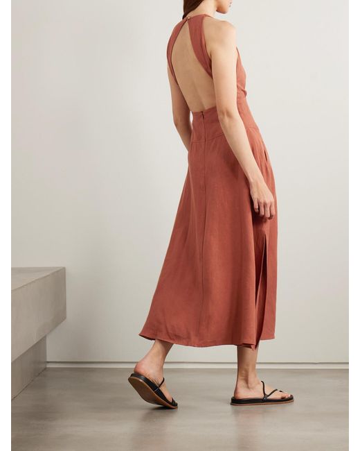 LeKasha White Jesmah Open-Back Embellished Linen Midi Dress