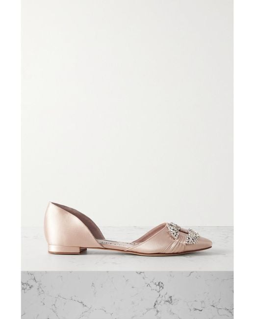Manolo Blahnik Natural Luanda Crystal-Embellished Satin Point-Toe Flats