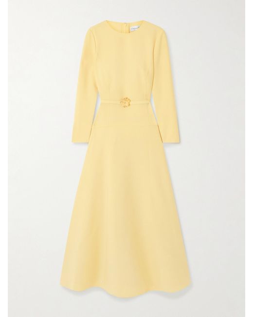 Oscar de la Renta Yellow Belted Wool-Blend Midi Dress