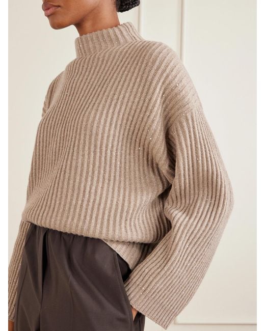 Brunello Cucinelli Natural Sequin-Trimmed Ribbed-Knit Turtleneck Sweater
