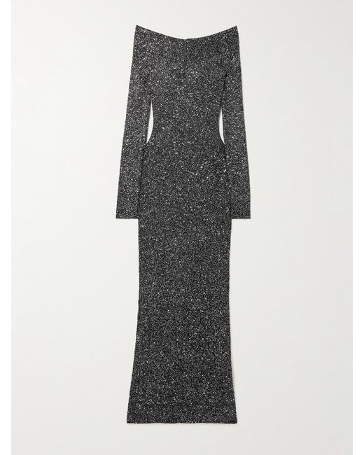 Stella McCartney Gray Off-The-Shoulder Sequined Recycled Knitted Gown