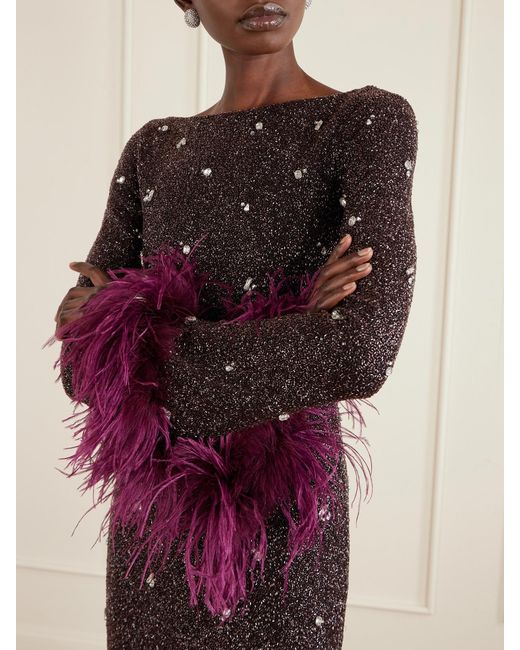 Clio Peppiatt Black Mae Feather-Trimmed Embellished Beaded Tulle Gown