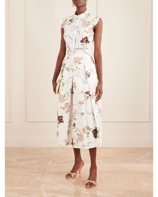 Erdem Natural Floral-Print Pleated Cotton Midi Skirt