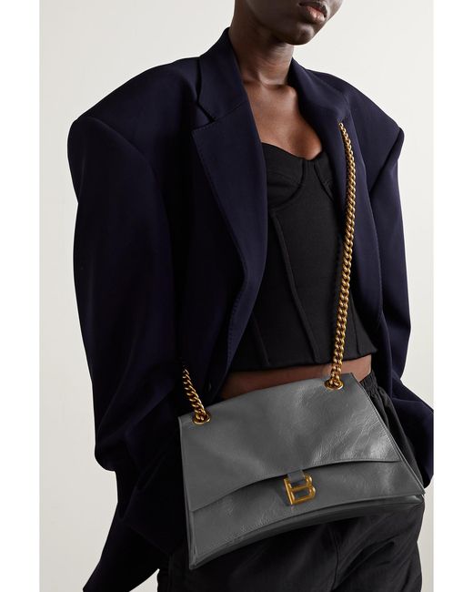Balenciaga Gray Hourglass Crinkled-Leather Shoulder Bag