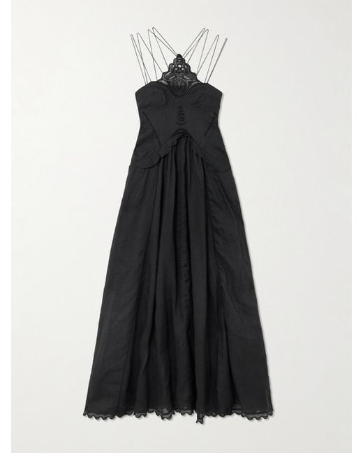 Isabel Marant Black Lindy Lace-Trimmed Embroidered Ramie Maxi Dress