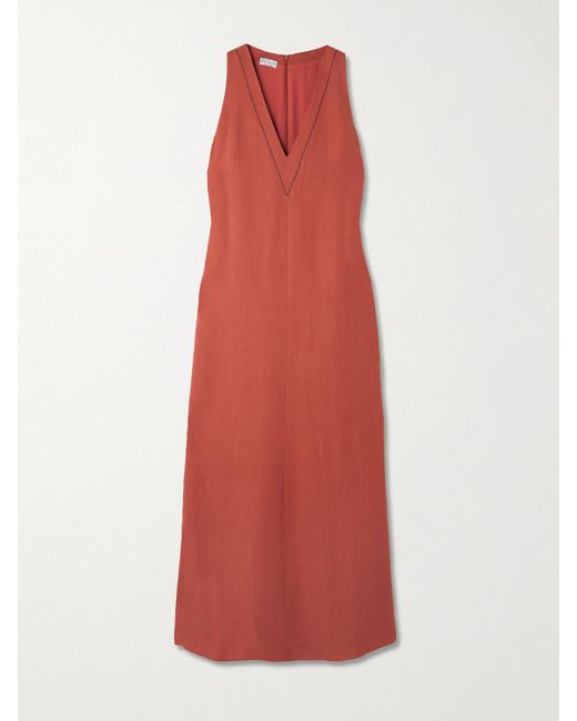 Brunello Cucinelli Red Midikleid Aus Twill Mit Verzierungen